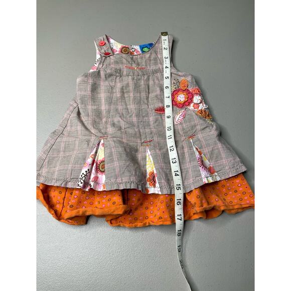 Gagou Tagou‎ Plaid Dress Jumper Sleeveless Embroidered Floral Brown 24M Cottage - Picture 9 of 10